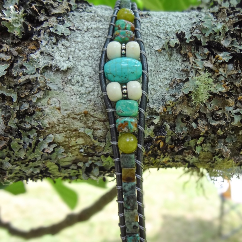 Gray Leather Wrap Bracelet w/Turquoise, Olive Jade & Sterling Silver -UNISEX